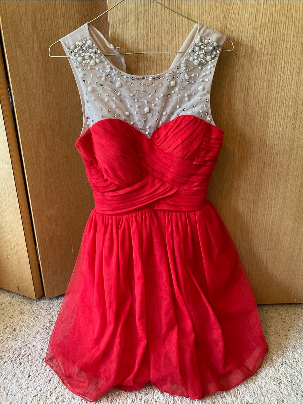Red Illusion Yoke Beaded Party Dress